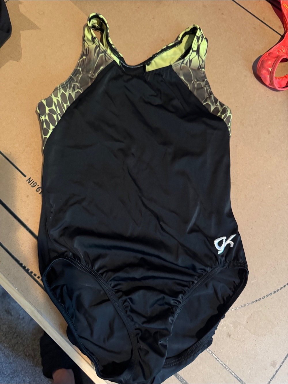 GK Black One-Piece Swimsuit with Neon Lime Patterned Panels